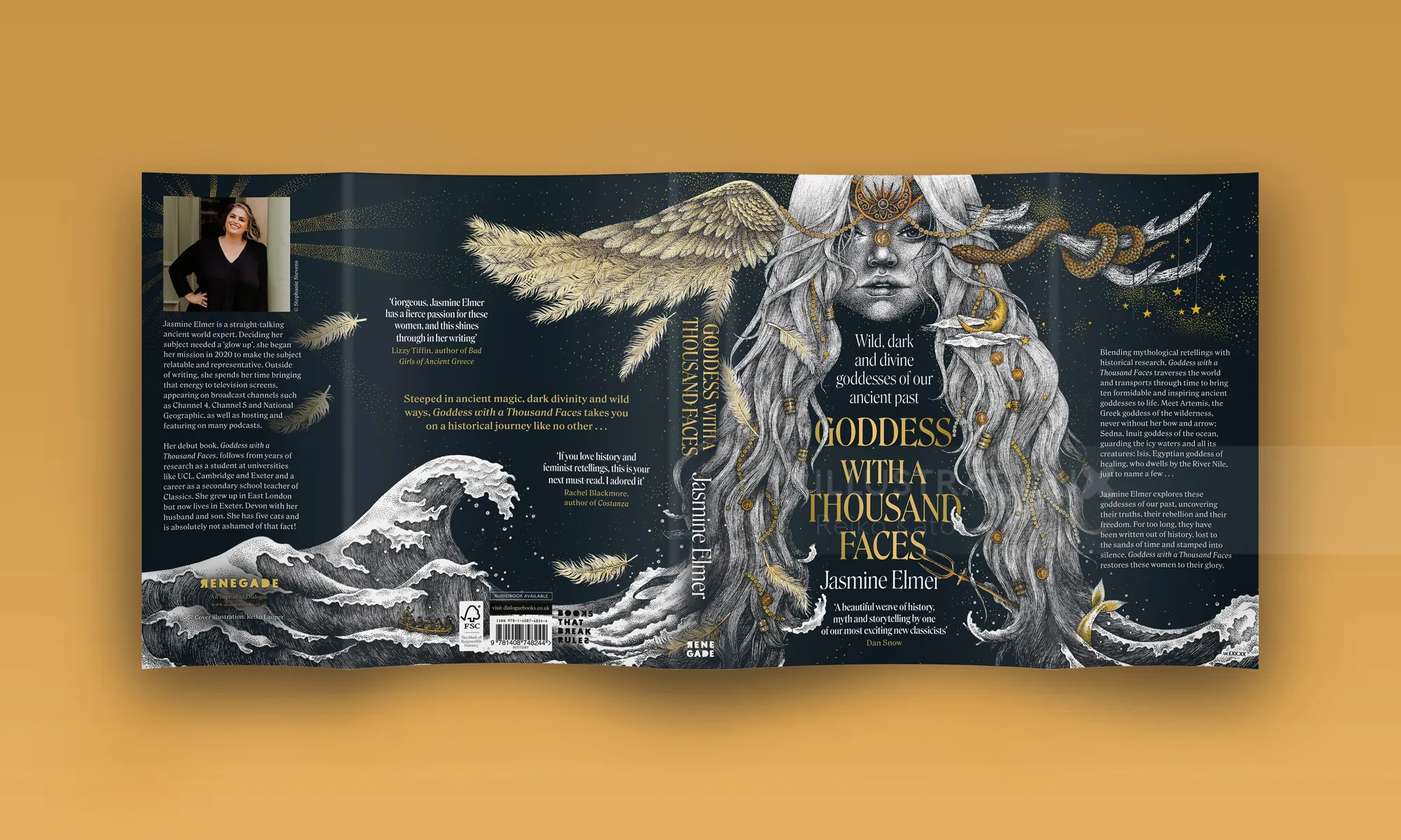 Book cover illustration of a goddess with flowing hair and mystical elements