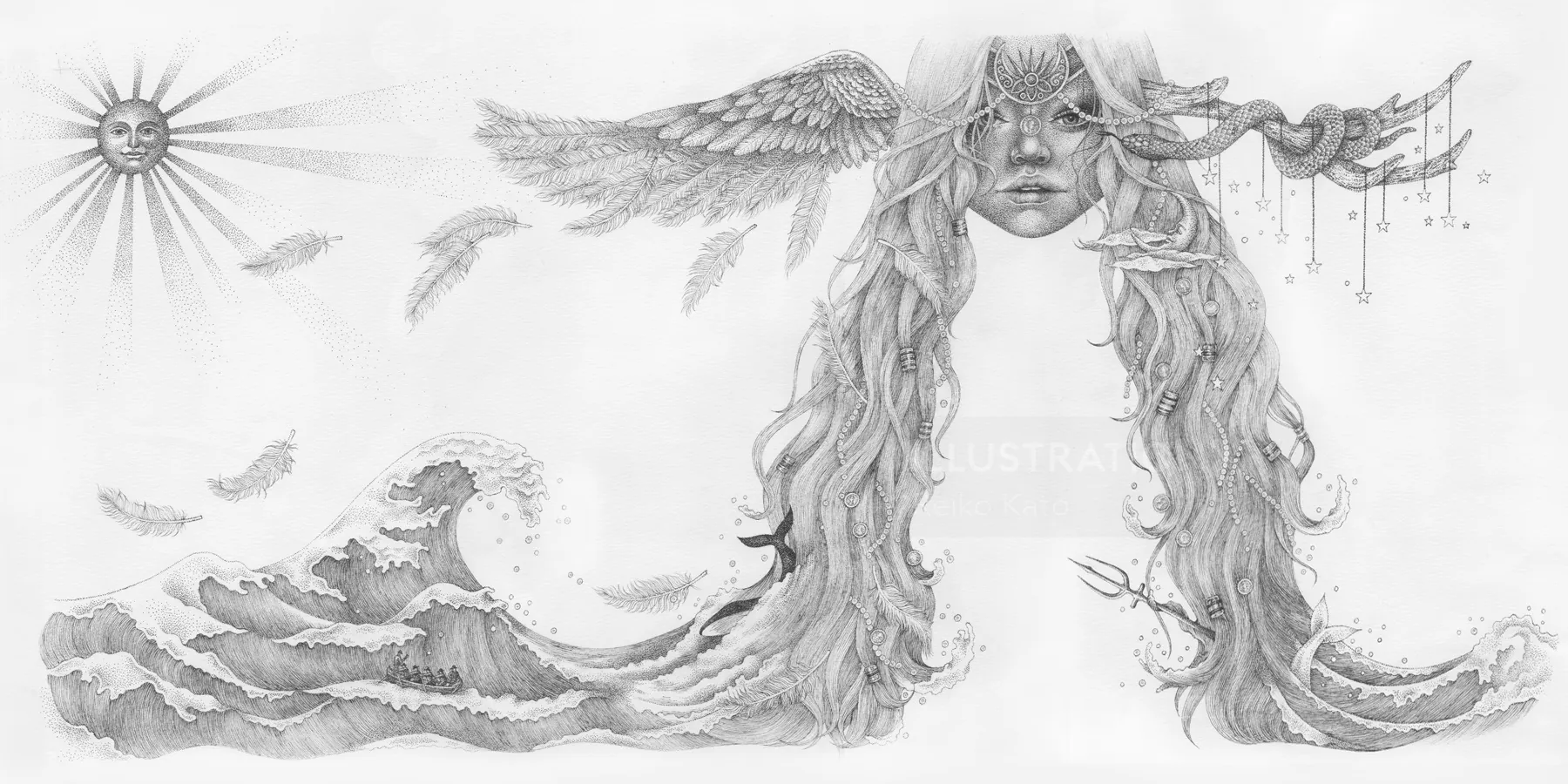 Surreal pencil drawing of woman's face with hair transforming into waves and feathers by Reiko Kato