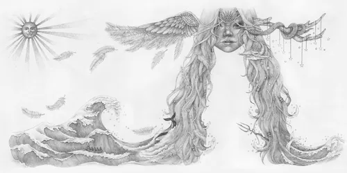 Surreal pencil drawing of woman's face with hair transforming into waves and feathers by Reiko Kato