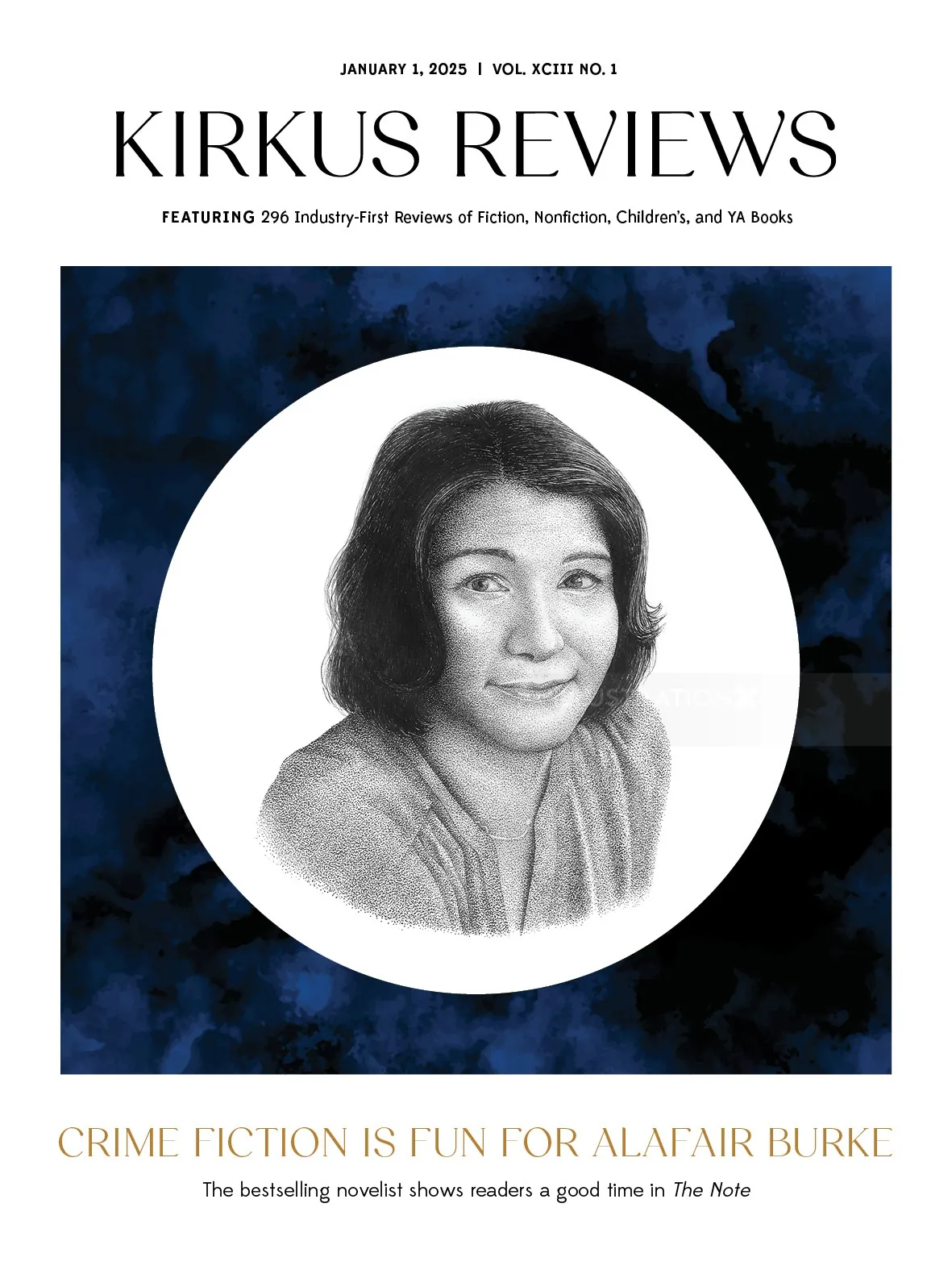 Kirkus Reviews magazine cover with portrait and headline about crime fiction.