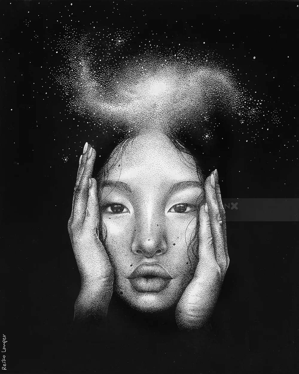 Black and white portrait of a woman with hands on face and galaxy above her head
