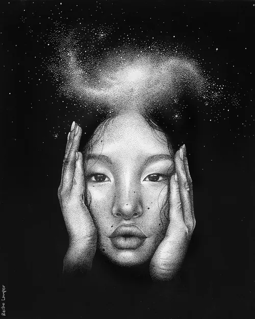 Black and white portrait of a woman with hands on face and galaxy above her head