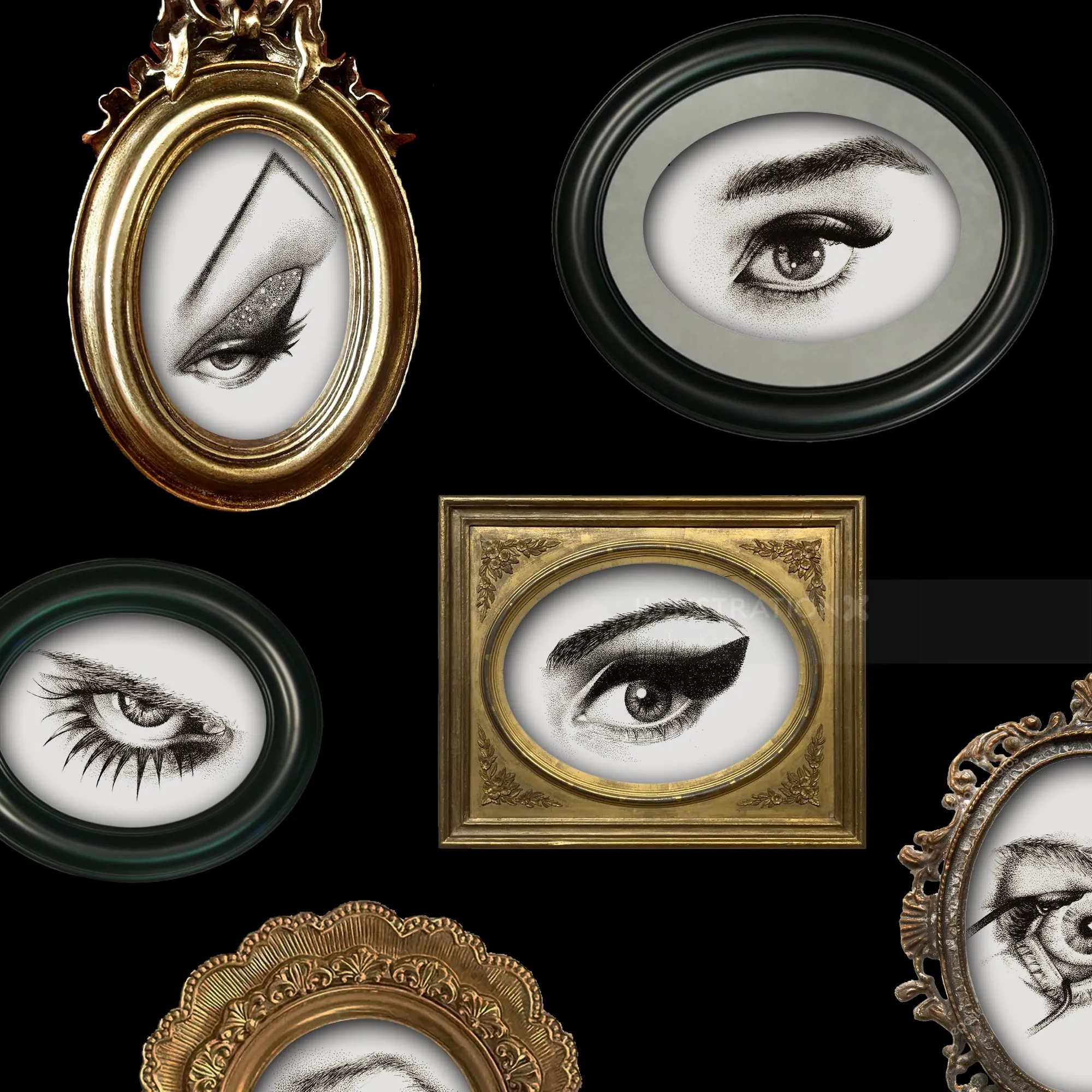 Five artistic eye illustrations in ornate frames on black background