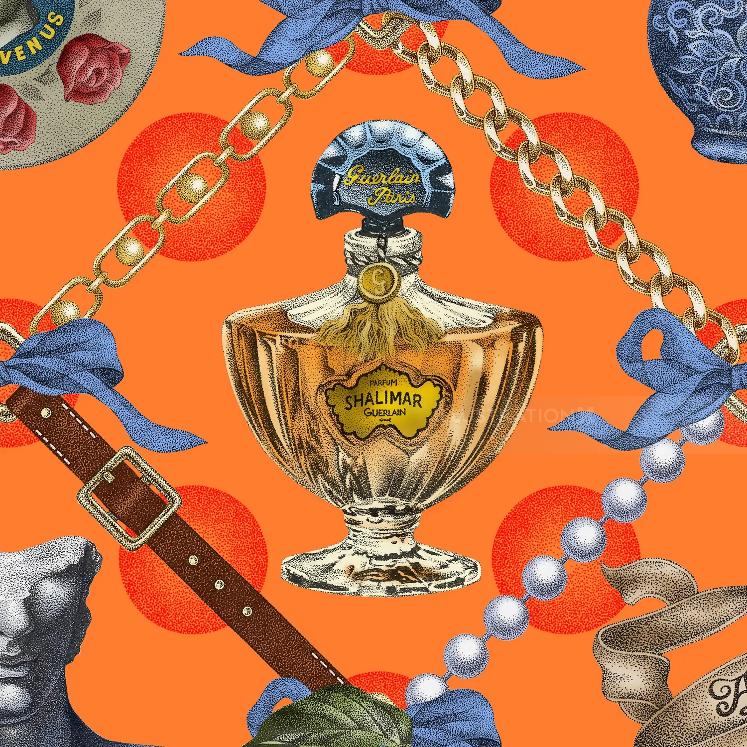 Vintage perfume bottles with jewelry and accessories on orange background