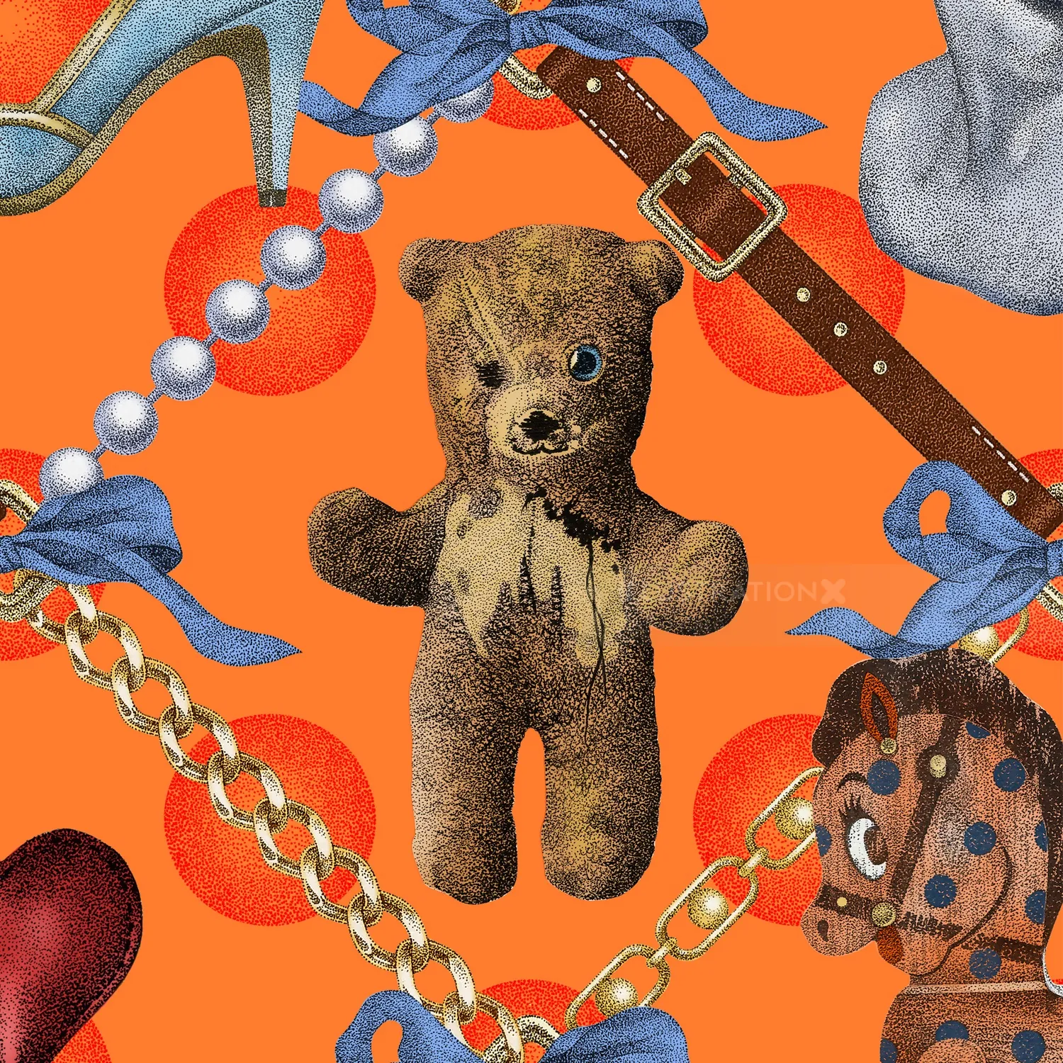 Worn teddy bear with toy horse, pearl necklace, and blue bows on orange