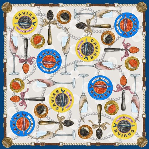 Pattern with caviar tins, seafood, spoons, and pearl necklaces on a white background.