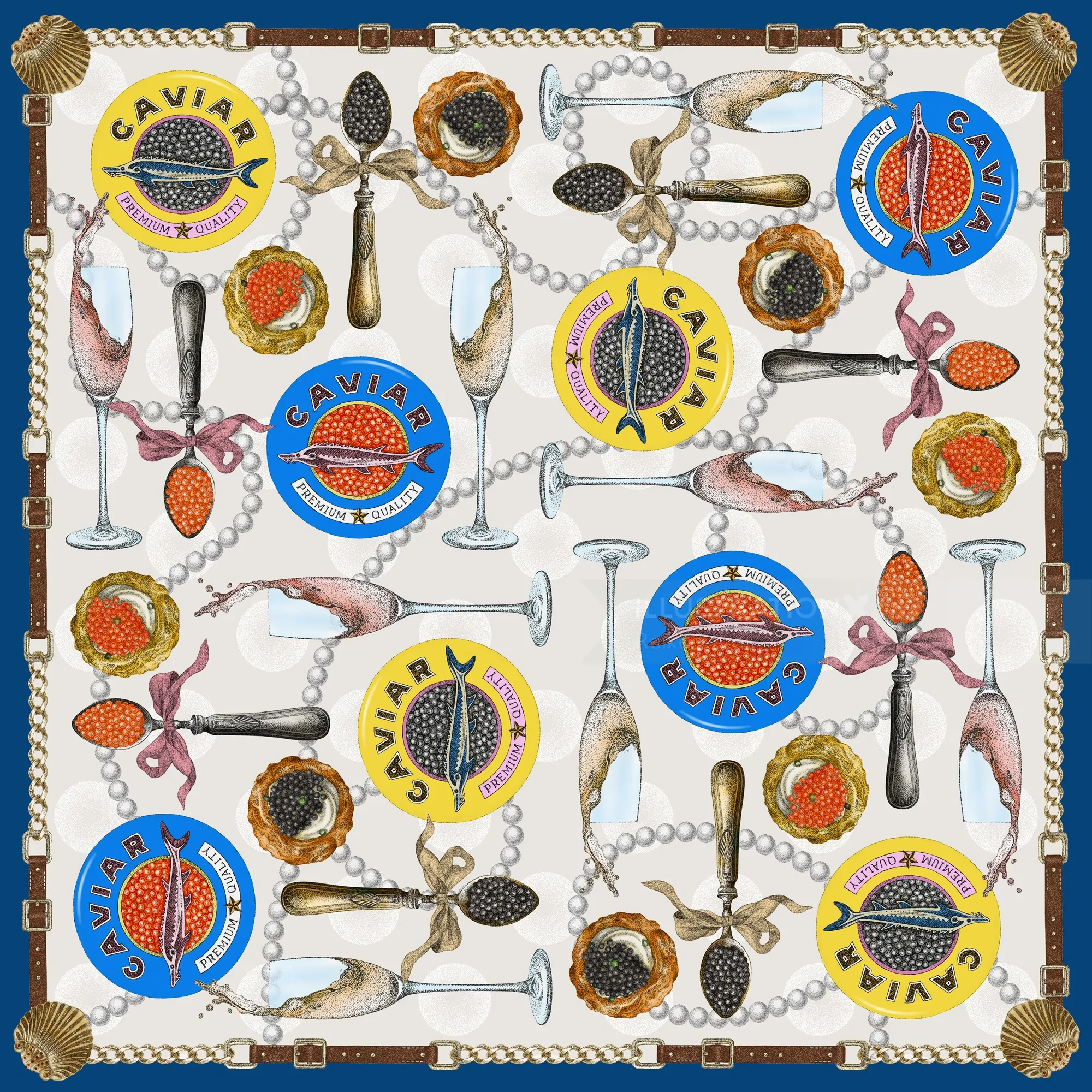 Pattern with caviar tins, seafood, spoons, and pearl necklaces on a white background.