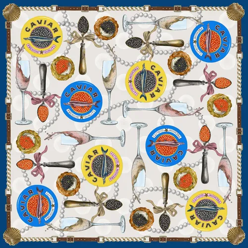 Pattern with caviar tins, seafood, spoons, and pearl necklaces on a white background.