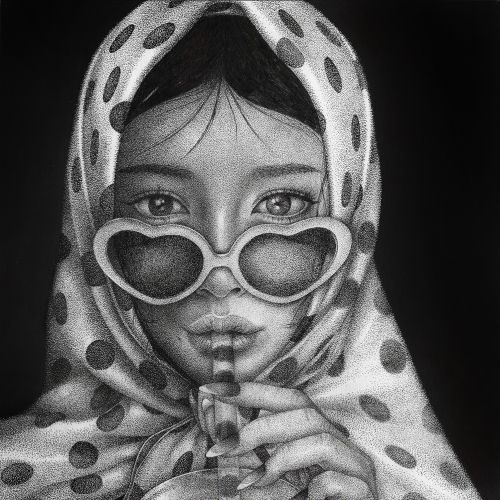Grayscale portrait of woman with polka dot headscarf and heart-shaped sunglasses by Reiko Lauper