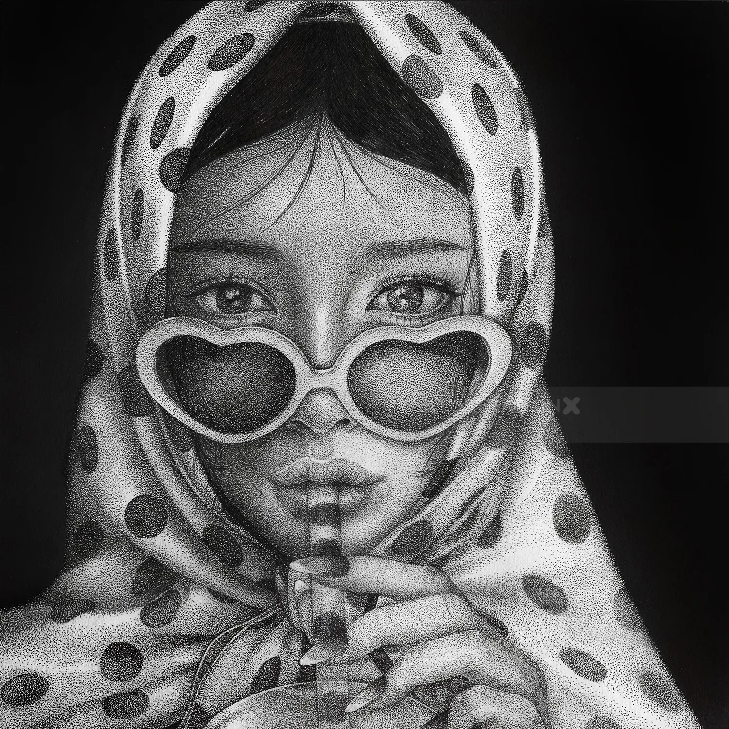 Grayscale portrait of woman with polka dot headscarf and heart-shaped sunglasses by Reiko Lauper
