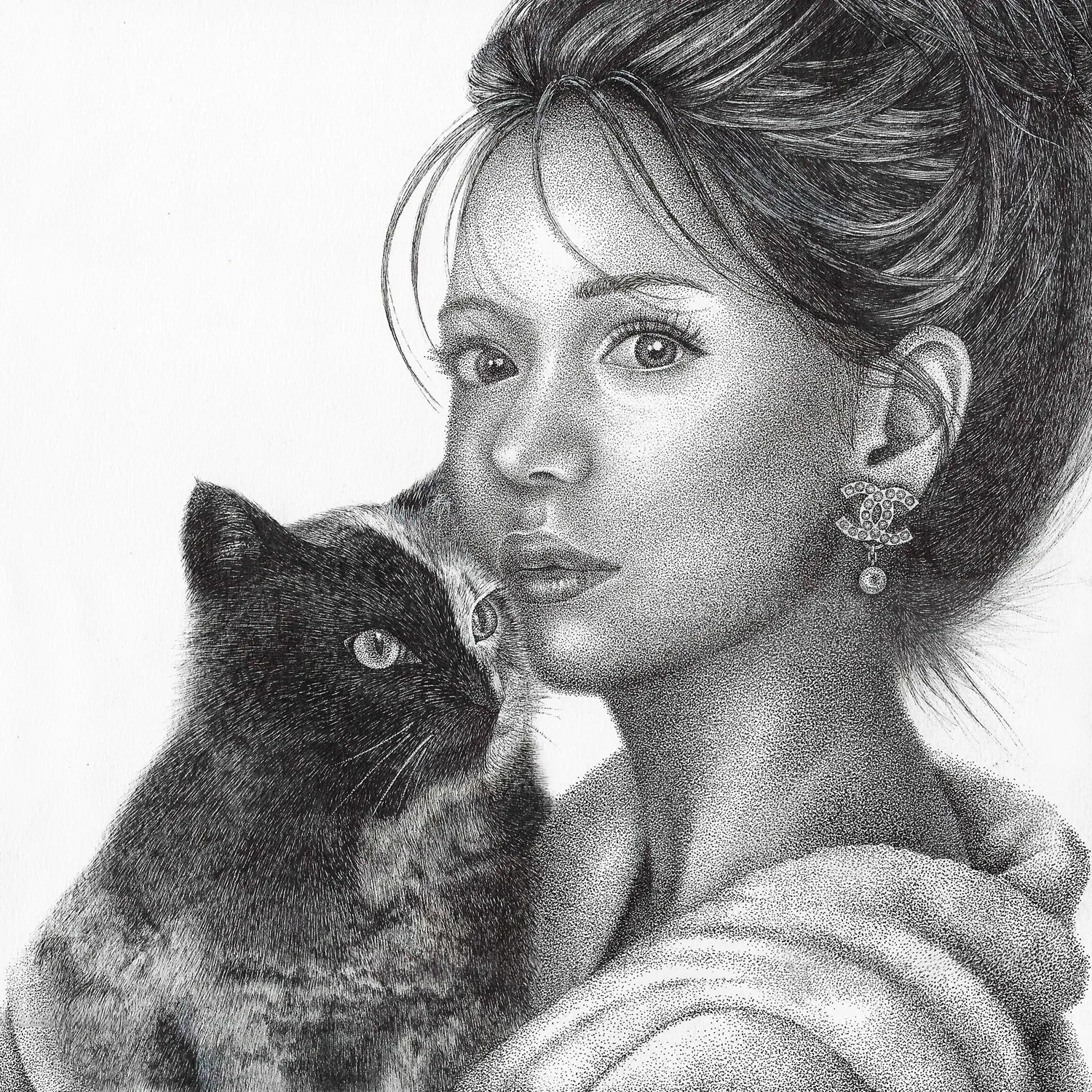 Pencil drawing of woman with black cat by Reiko Lauper