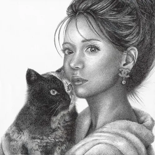 Pencil drawing of woman with black cat by Reiko Lauper