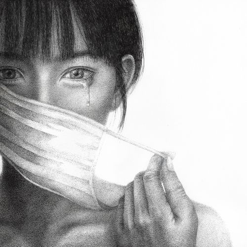 Black and white portrait of woman removing mask with tear by Reiko Lauper
