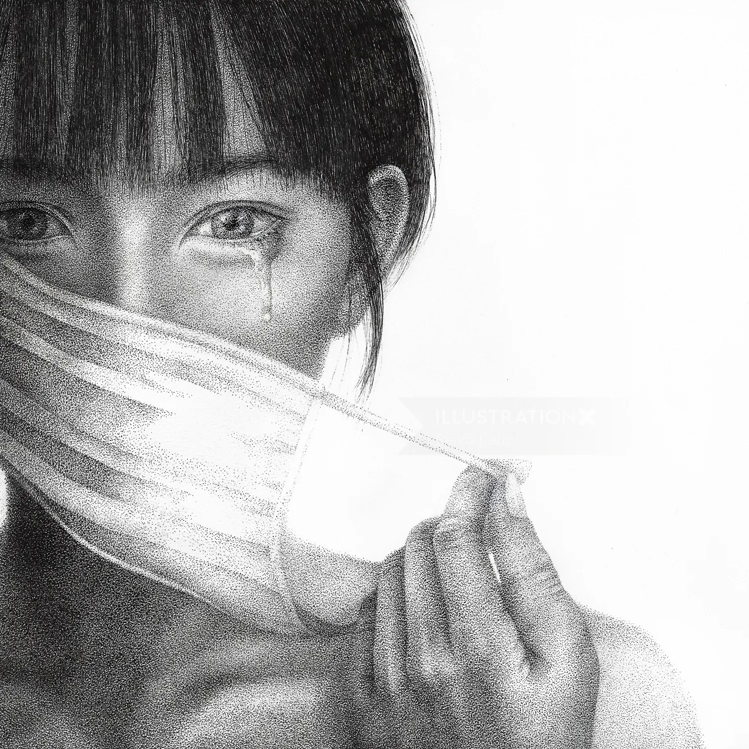 Black and white portrait of woman removing mask with tear by Reiko Lauper