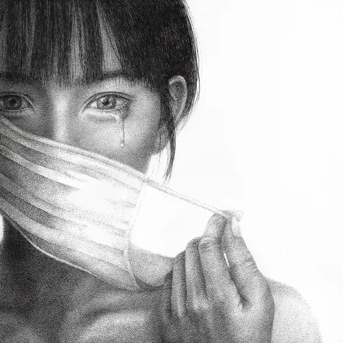 Black and white portrait of woman removing mask with tear by Reiko Lauper