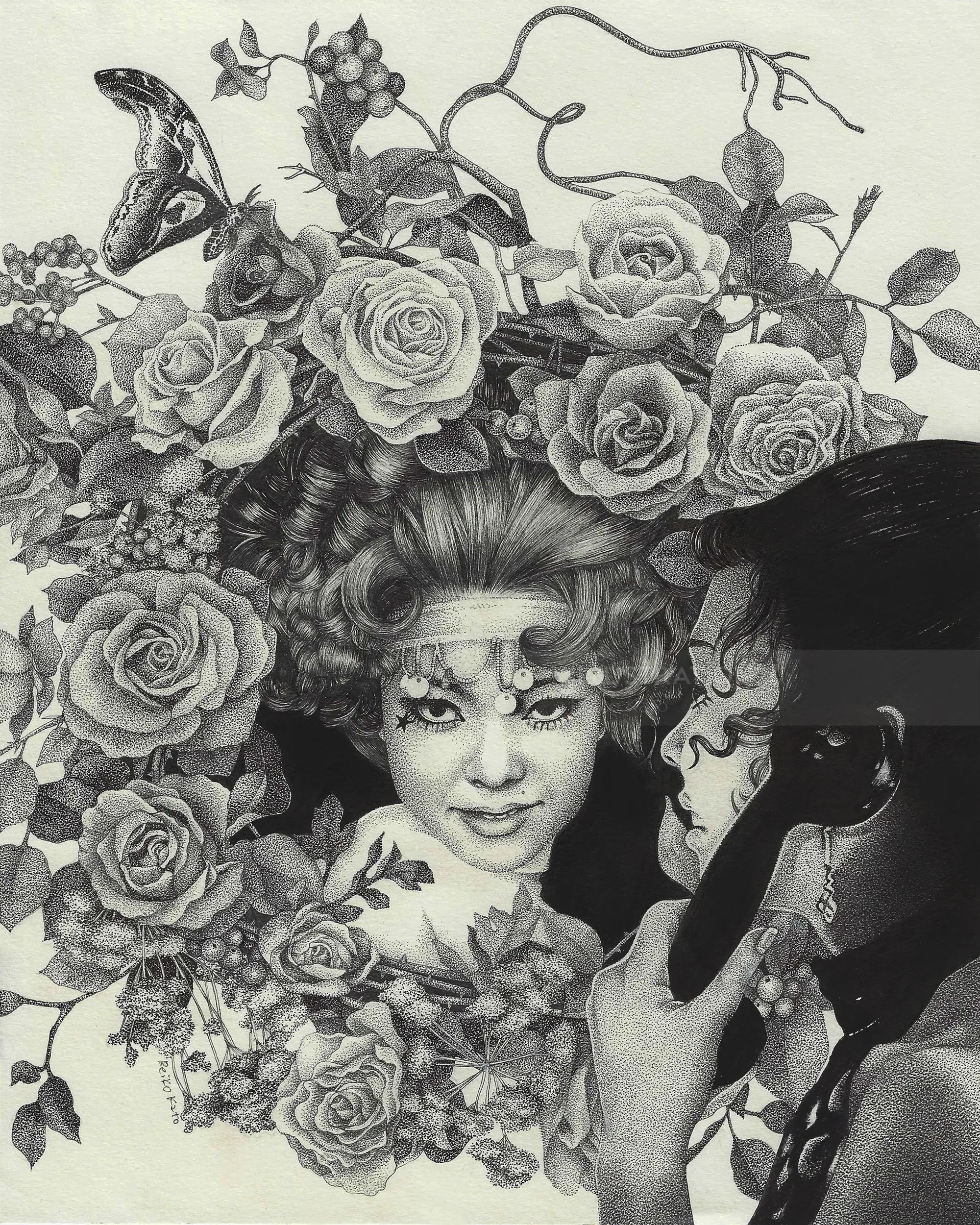 Ilustración de Reiko Kato de una mujer rodeada de rosas y una figura sombreada.