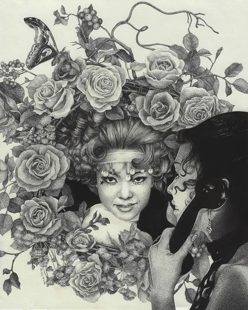 Illustration de Reiko Kato représentant une femme entourée de roses et une silhouette dans l'ombre
