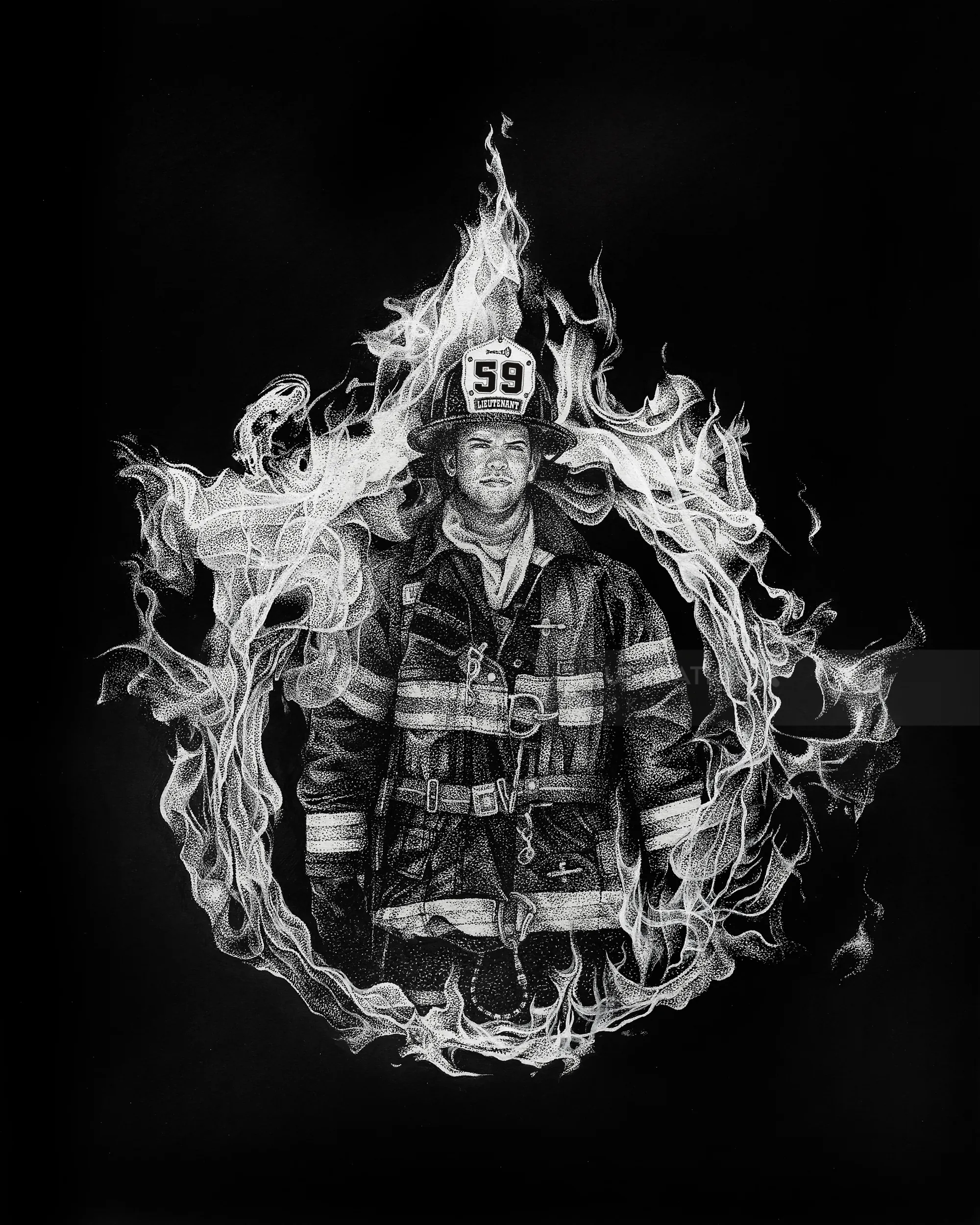 Reiko Kato illustration of a firefighter surrounded by swirling flames and smoke