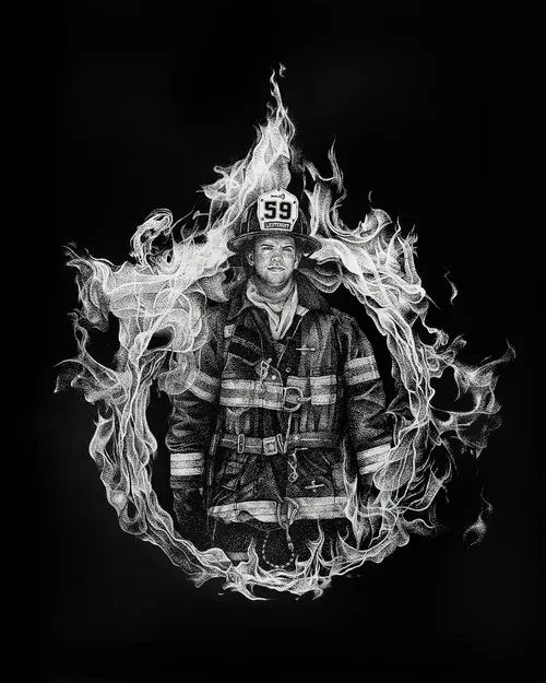 Illustration de Reiko Kato représentant un pompier entouré de flammes tourbillonnantes et de fumée.
