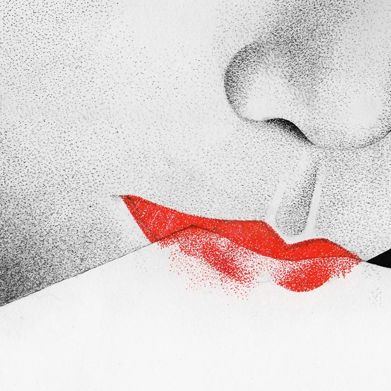 Retrato abstracto punteado con labios rojos intensos de Reiko Kato