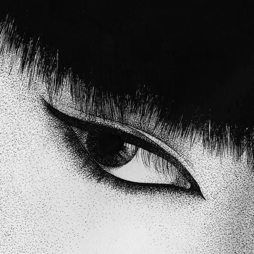 加藤玲子による、黒い前髪の下の目のクローズアップイラスト