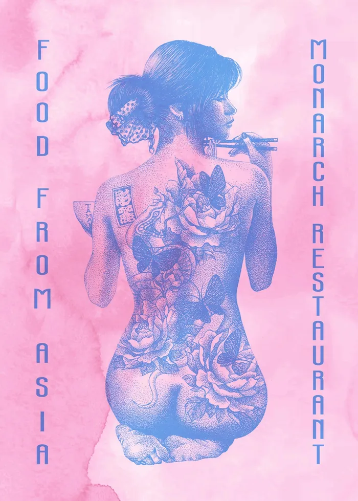 Woman with floral tattoos, artwork for Monarch Restaurant by Reiko Lauper