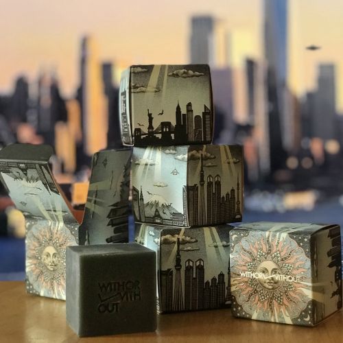 Soap packages with cityscape and artistic designs by Reiko Lauper