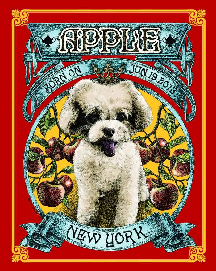 Pet portrait of small white dog Apple with fruit frame by Reiko Lauper