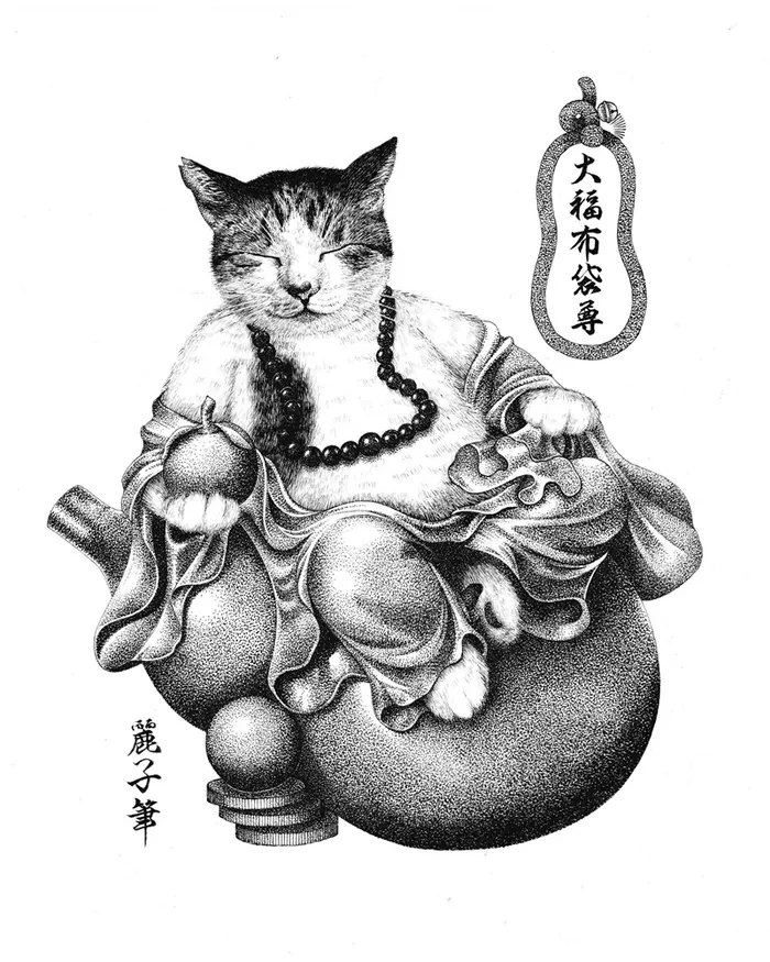 Cat depicted as Buddha statue with Japanese text by Reiko Lauper