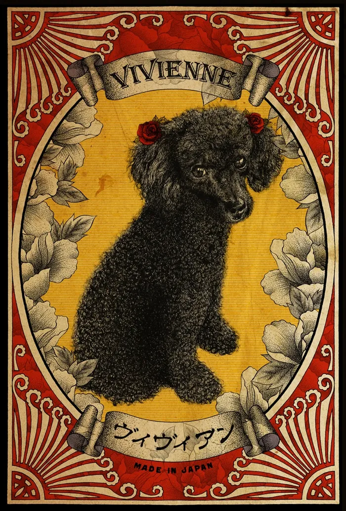 Black poodle pet portrait with floral background by Reiko Lauper