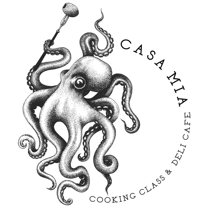 Black and white octopus illustration in CASA MIA logo by Reiko Lauper.