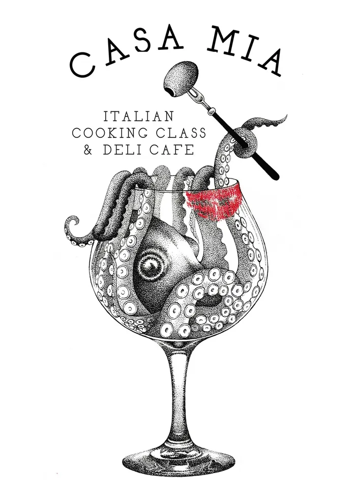 Octopus tentacle with fork and spoon in a wine glass, artwork by Reiko Lauper
