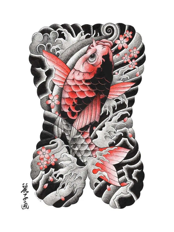 Yakuza-style back tattoo of koi fish with waves and cherry blossoms by Reiko Lauper