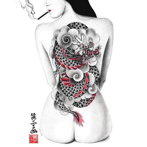 Woman smoking with intricate dragon tattoo across her back by Reiko Lauper
