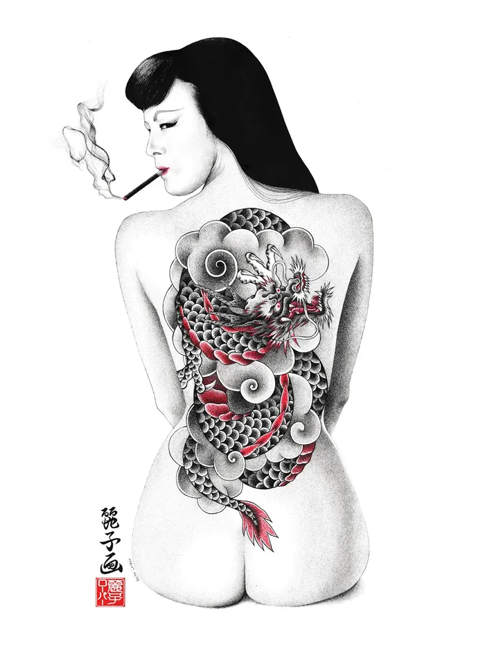 Woman smoking with intricate dragon tattoo across her back by Reiko Lauper