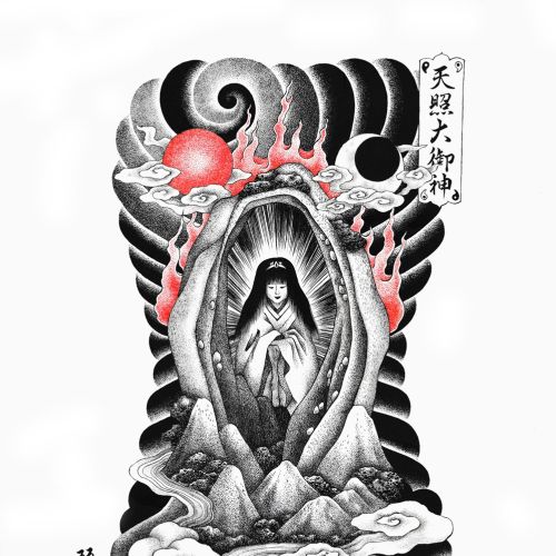 Monochrome tattoo of serene figure surrounded by flames and mountains by Reiko Lauper