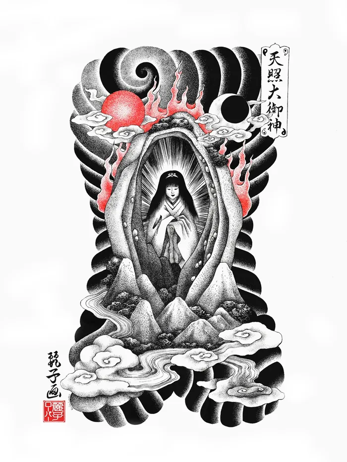 Monochrome tattoo of serene figure surrounded by flames and mountains by Reiko Lauper