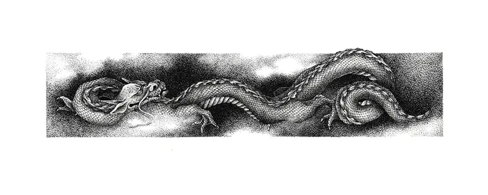 Black and white dragon drawing with detailed scales by Reiko Lauper