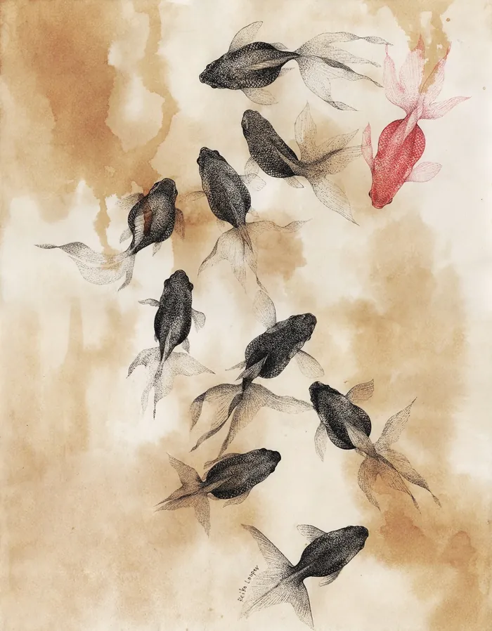 Watercolor of black and red goldfish by Reiko Lauper