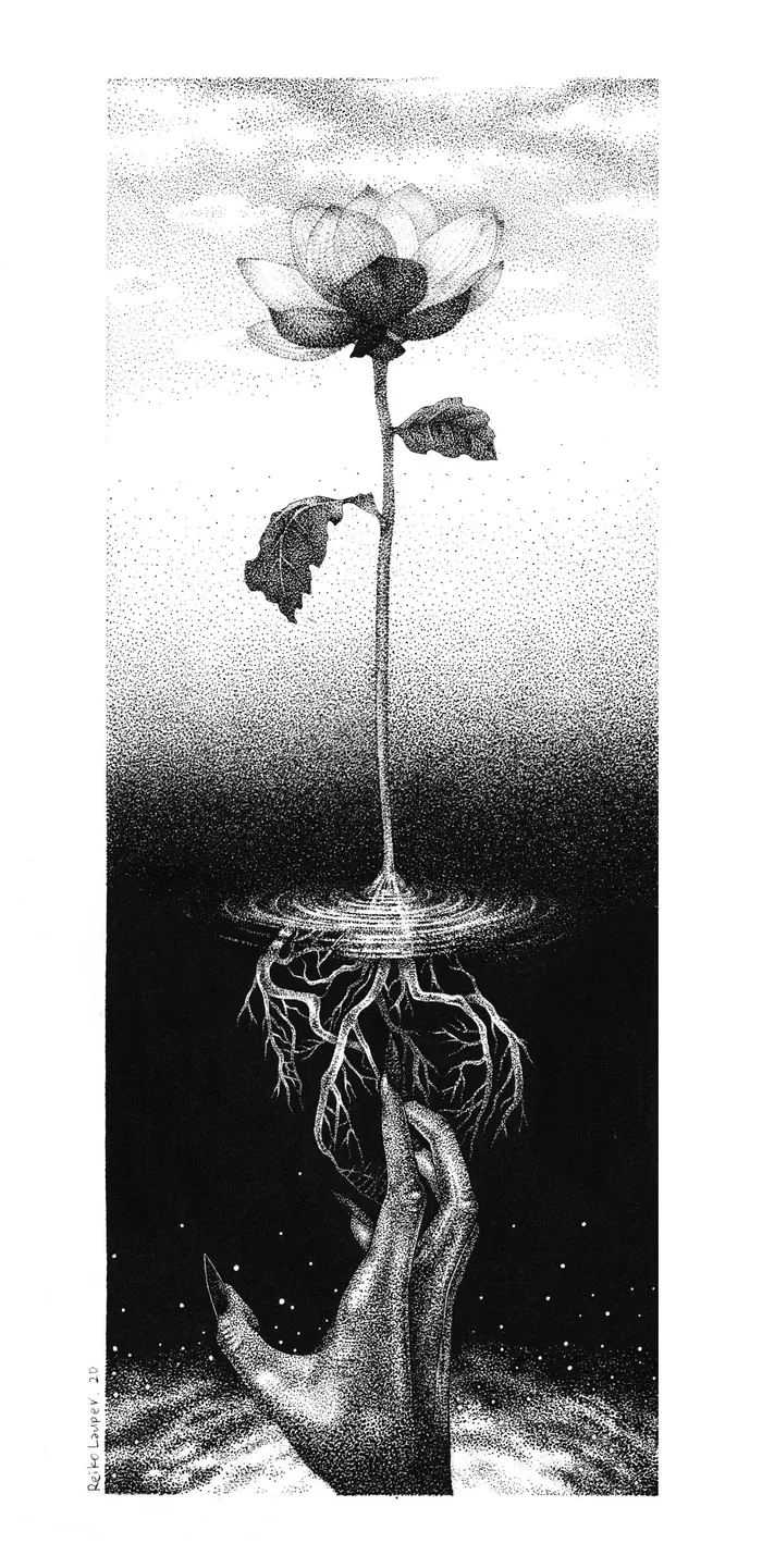 Surreal drawing of hand holding roots under blooming flower on stem by Reiko Lauper