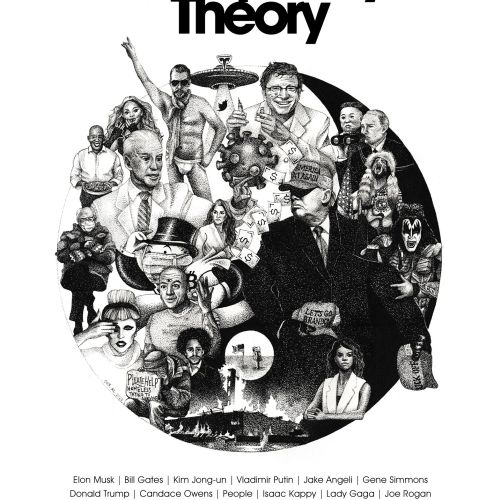Black and white conspiracy theory illustration by Reiko Lauper showing famous figures and symbols