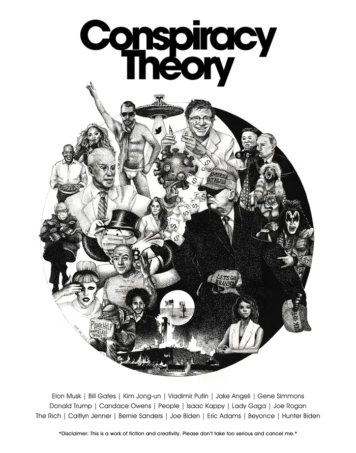 Black and white conspiracy theory illustration by Reiko Lauper showing famous figures and symbols