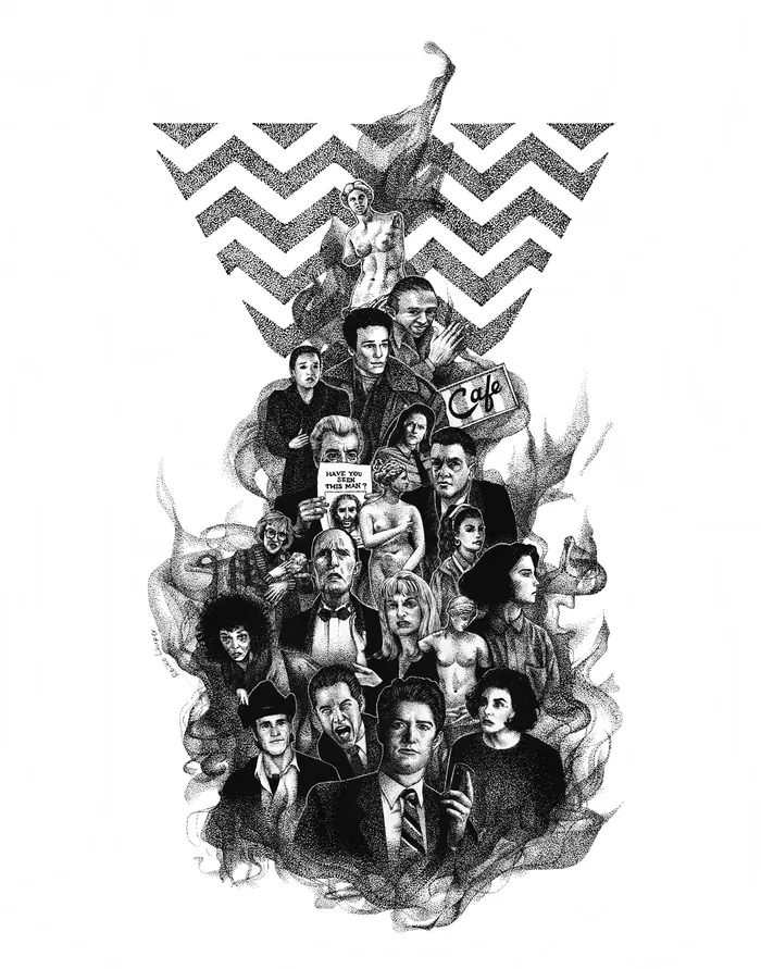Black and white collage of multiple portraits under a chevron pattern by Reiko Lauper