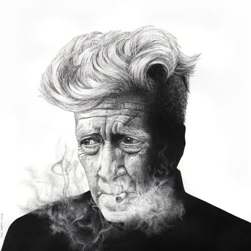 Black and white portrait of an older man smoking, artwork by Reiko Lauper