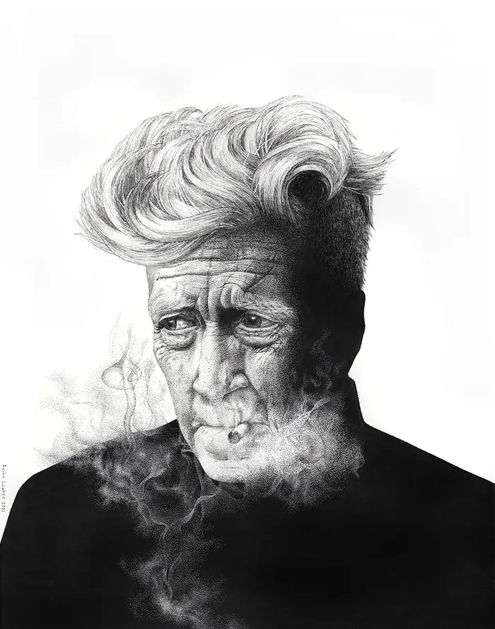 Black and white portrait of an older man smoking, artwork by Reiko Lauper