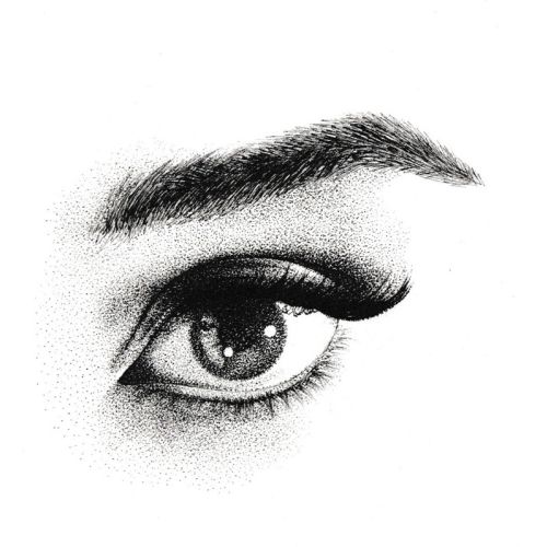 Black and white pointillism drawing of a human eye by Reiko Lauper