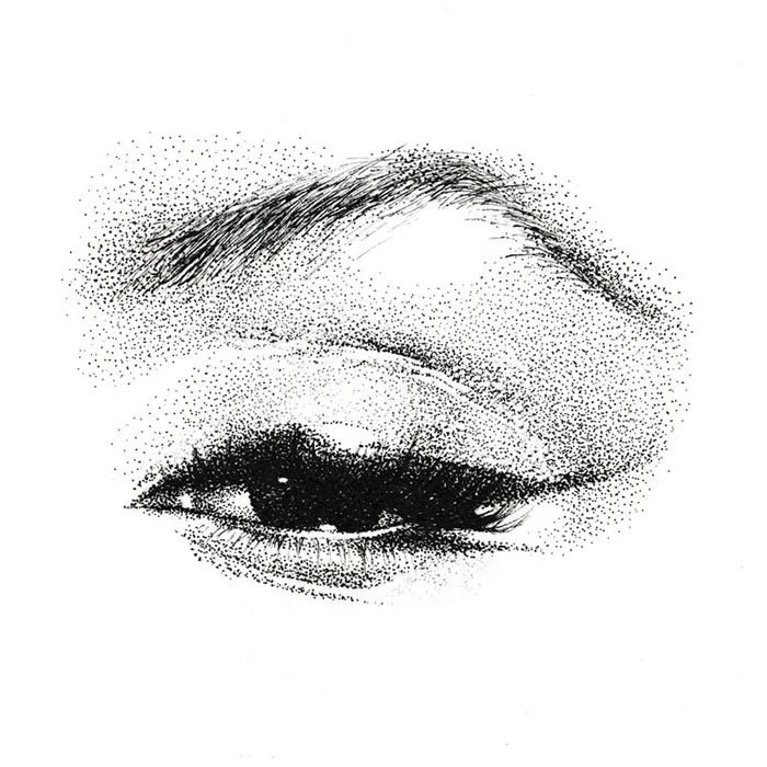 Detailed ink drawing of a closed eye with eyebrow by Reiko Lauper