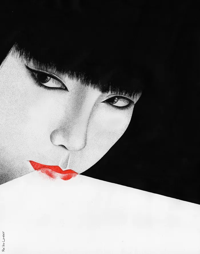 Black and white portrait of a woman with red lips by Reiko Lauper