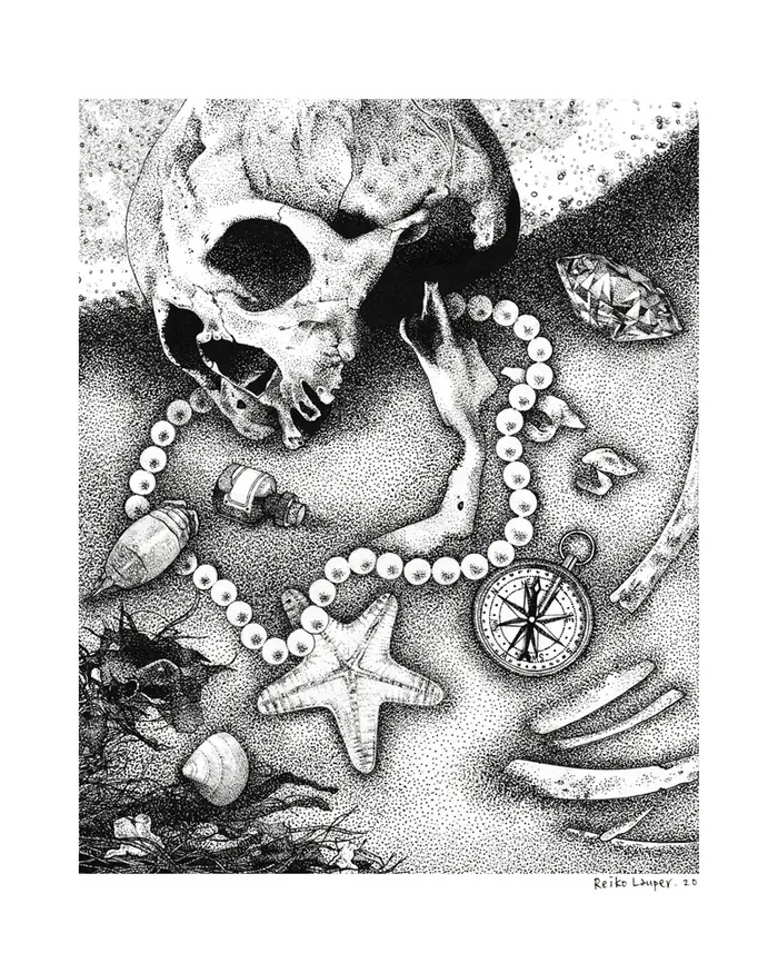 Black and white skull with pearls and marine items by Reiko Lauper
