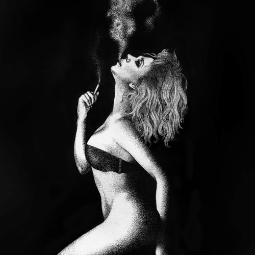 Black and white image of nude woman smoking releasing smoke by Reiko Lauper